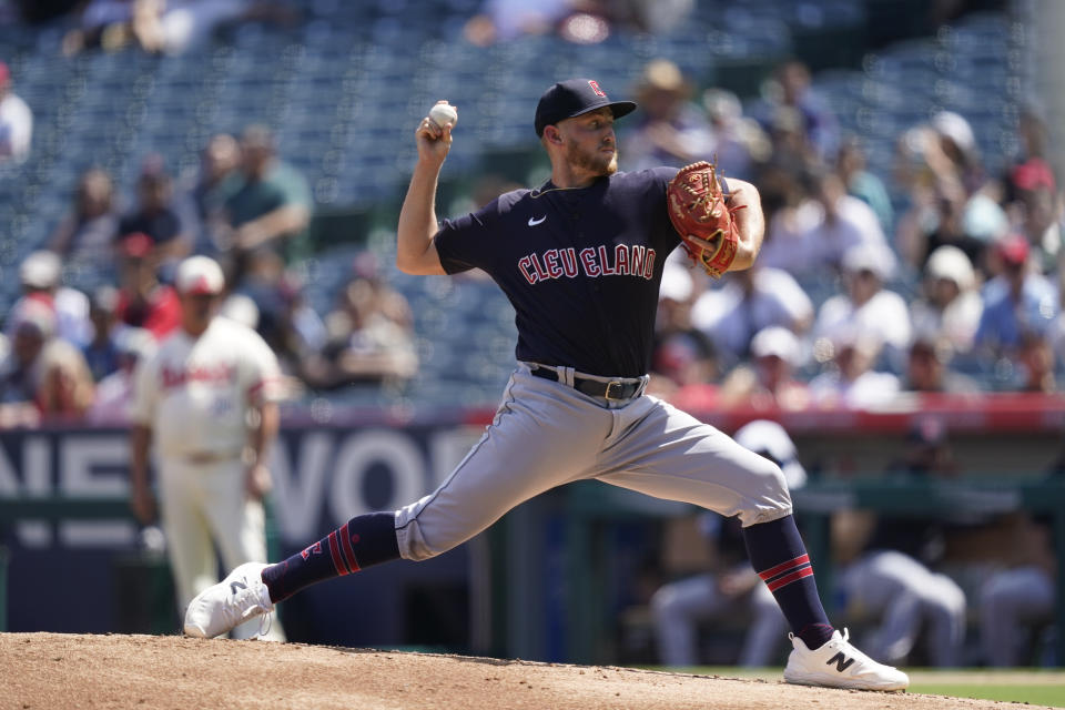 Cleveland Guardians starting pitcher Tanner Bibee throws during the first inning of a baseball game against the Los Angeles Angels, Sunday, Sept. 10, 2023, in Anaheim, Calif. (AP Photo/Ryan Sun)