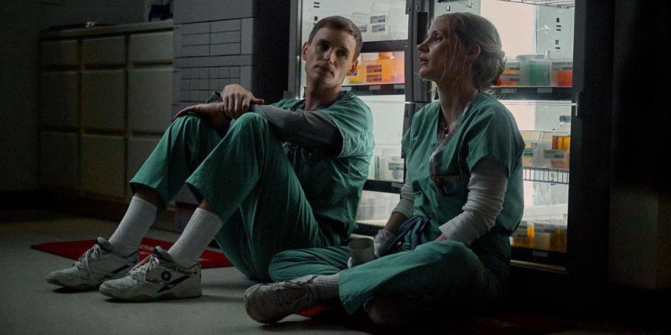 Charlie (Eddie Redmayne) and Amy (Jessica Chastain) are health care workers who strike a close bond in the true-life thriller "The Good Nurse."
