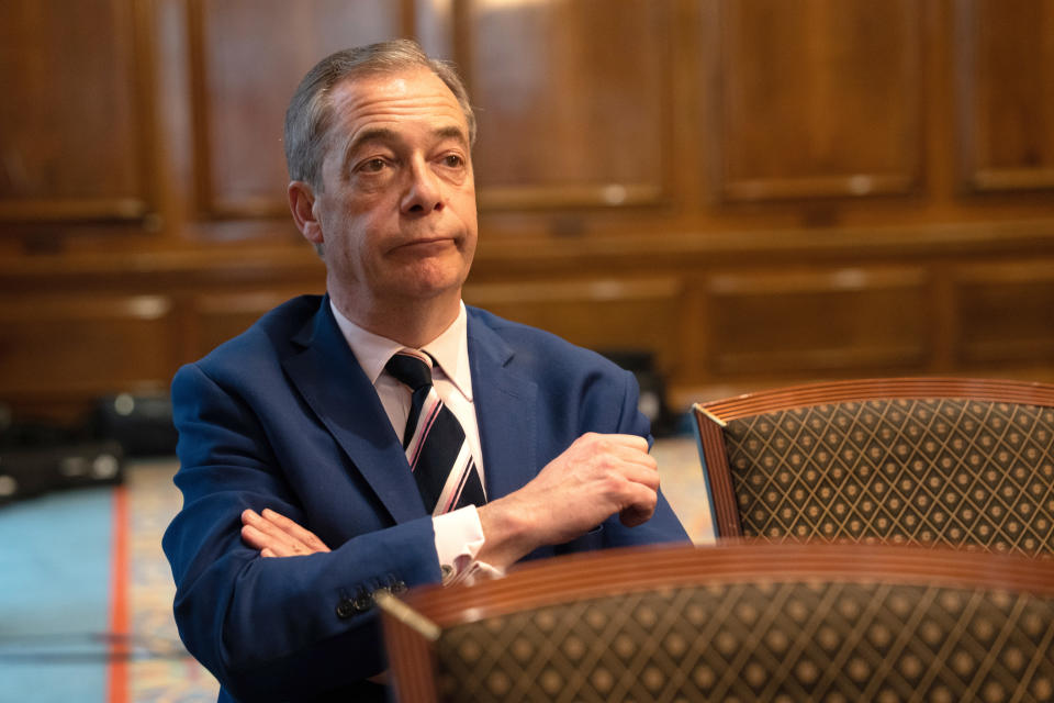 LONDON, ENGLAND - MARCH 20: Reform UK honorary president Nigel Farage listens during a party press conference on March 20, 2023 in London, England. Reform UK was founded in 2018 as the Brexit Party, advocating for a 