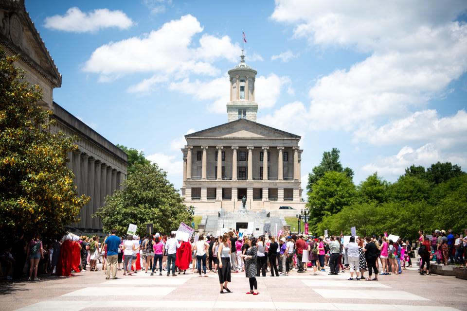 Protesters gather against anti-abortion legislation at Legislative Plaza Tuesday, May 21, 2019, in Nashville, Tenn. 