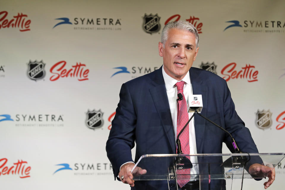 Ron Francis talks to reporters, Thursday, July 18, 2019, in Seattle after he was introduced as the first general manager for Seattle's yet-to-be-named NHL hockey expansion team. (AP Photo/Ted S. Warren)