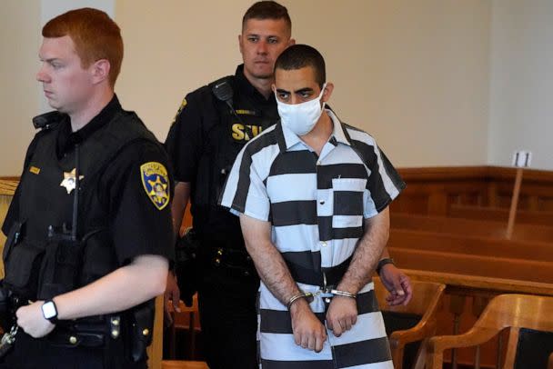 PHOTO: Hadi Matar, 24, arrives for an arraignment in the Chautauqua County Courthouse in Mayville, NY., Aug. 13, 2022. Matar, accused of carrying out a stabbing attack against 'Satanic Verses' author Salman Rushdie has entered a not-guilty plea.  (Gene J. Puskar/AP)