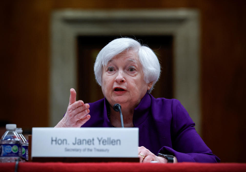 U.S. Treasury Secretary Janet Yellen testifies before a Senate Appropriations Financial Services and General Government Subcommittee hearing on President Biden's proposed budget request for the Department of the Treasury for fiscal year 2024, on Capitol Hill in Washington, U.S., March 22, 2023. REUTERS/Evelyn Hockstein