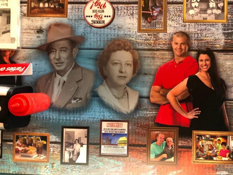 The tables at Bridges Barbecue Lodge in Shelby, NC are decorated with photos of founders Red and Lyttle Bridges Cabaniss, left and third generation owners Chase Webb and his sister Natalie Ramsey.