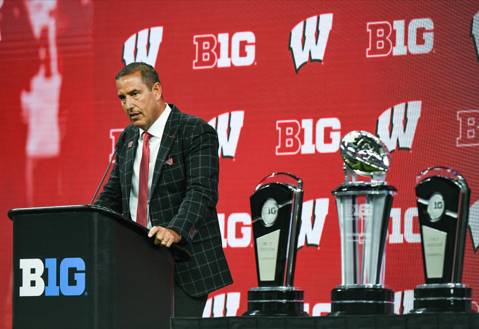 Jul 27, 2023; Indianapolis, IN, USA; Wisconsin Badgers head coach Luke Fickell speaks to the media during the Big 10 football media day at Lucas Oil Stadium. Mandatory Credit: Robert Goddin-USA TODAY Sports