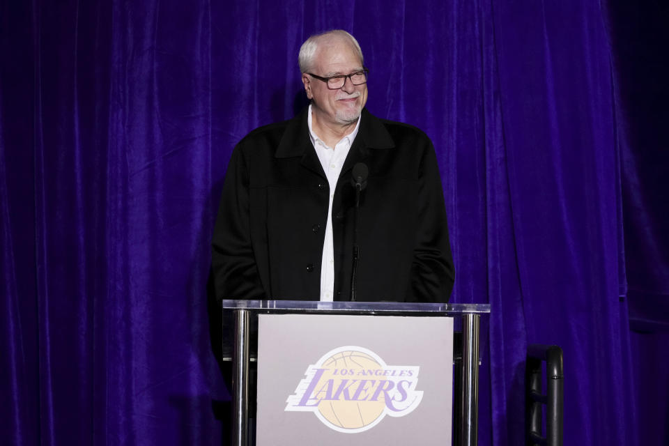 Phil Jackson, former NBA coach, speaks during the unveiling of a statue of former Los Angeles Lakers guard Kobe Bryant outside the NBA basketball team's arena Thursday, Feb. 8, 2024, in Los Angeles. (AP Photo/Eric Thayer)