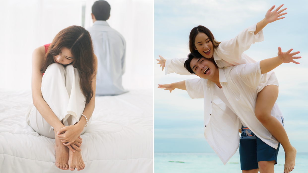 Relationship: A couple with their backs turned to each other having an argument at home (left) and a happy couple enjoying their time at a beach. (Photos: Getty Images)