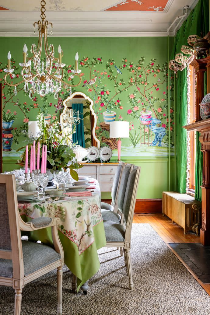 always a bright, beautiful day in this dining room, thanks to the bel aire mural in emerald from the mural source printed re creations of hand painted originals inspired by chinoiserie gardens, the panels above the chair rail can also be framed as individual artworks