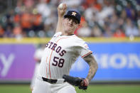 Houston Astros starting pitcher Hunter Brown throws against the Cleveland Guardians during the first inning of a baseball game Tuesday, April 30, 2024, in Houston. (AP Photo/Michael Wyke)