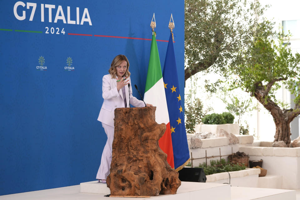 Italian Prime Minister Giorgia Meloni speaks during a final media conference at the G7 in Borgo Egnazia, near Bari in southern Italy, Saturday, June 15, 2024. (AP Photo/Domenico Stinellis)
