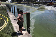 <p>Dennis McGuire of Ecosphere Technologies, looks on as the company’s water treatment system is used in an attempt to kill algae at the Outboards Only marina along the St. Lucie River in Jensen Beach, Fla., July 11, 2016. (Photo: Joe Raedle/Getty Images) </p>