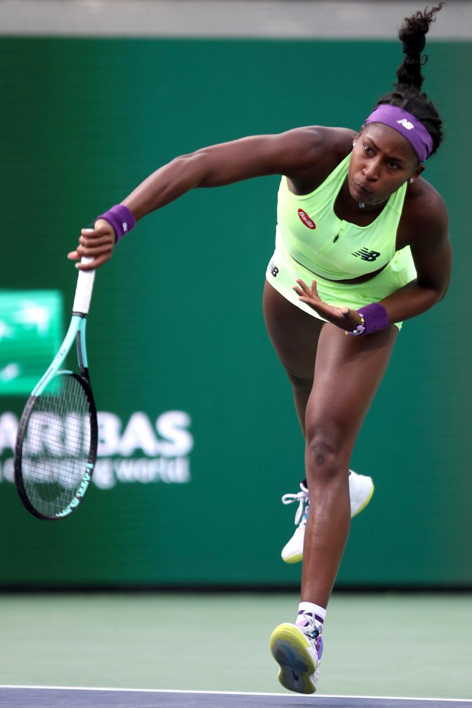 Coco Gauff serves to Yue Yuan during their quarterfinal match of the BNP Paribas Open in Indian Wells, Calif., on Thurs., March 14, 2024. Gauff won 6-4, 6-3.