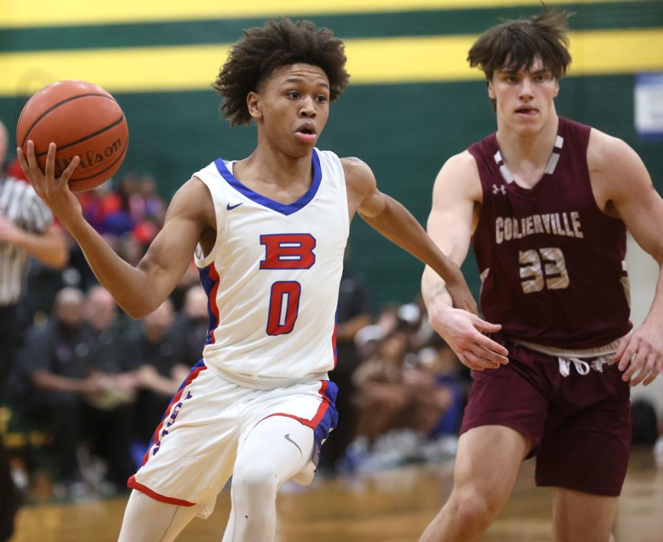 Bartlett Panthers' JR Jacobs drives past Collierville Dragons' Alex Vandenbergh during their semifinal game at Central High School on Tuesday, March 1, 2022.