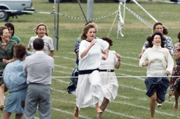 Princess Diana competes in the sports day race in June 1989.  (Photo: Mirrorpix via Getty Images)