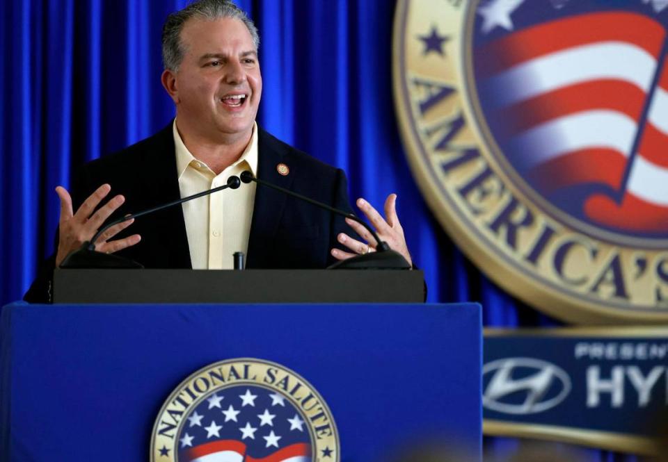 Florida Chief Financial Officer Jimmy Patronis speaks during the National Salute to America’s Heroes presented by Hyundai Air & Sea Show/U.S. Army Salute Fest at the US Coast Guard Air Station in Opa-locka, Florida on Friday, May 26, 2023.