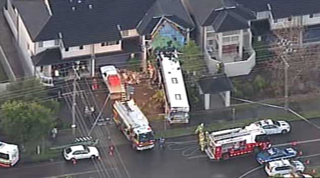 A bus has ploughed into an apartment building on the NSW Central Coast. Photo: Seven News