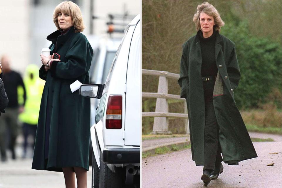 Camilla Parker Bowles, Olivia Williams Mandatory Credit: Photo by Mrs E Wilson/Shutterstock (238903g) CAMILLA PARKER BOWLES CAMILLA PARKER BOWLES - 1995 EXCLUSIVE: British actress Olivia Williams filming as Camilla Parker Bowles on set for hit Netflix series "The Crown". While the scene was prepping Olivia spotted fellow thespian Charlie Condou passing by and stopped to have a chat with him. Charlie is best know for appearing as sonographer Marcus Dent in ITV soap opera Coronation Street. In this scene Camila's vehicle is getting clamped and Camila rushes outside to deal with the situation. Pictured: Olivia Williams Ref: SPL5289116 110222 EXCLUSIVE Picture by: SplashNews.com Splash News and Pictures USA: +1 310-525-5808 London: +44 (0)20 8126 1009 Berlin: +49 175 3764 166 photodesk@splashnews.com World Rights