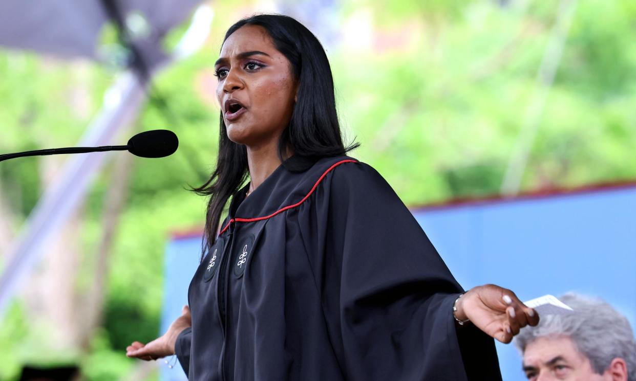 <span>Shruthi Kumar gives the senior English address at Harvard on Thursday.</span><span>Photograph: Mark Stockwell/EPA</span>