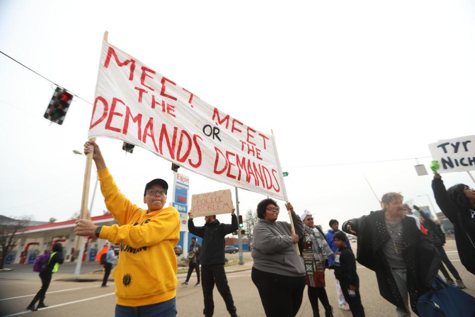 Protestors in support of Tyre Nichols gather in front of the Federal courthouse at 140 Adams street and march to the intersection of Poplar and Danny Thomas Blvd, near the Shelby County Jail on Feb. 4, 2023 in Memphis.