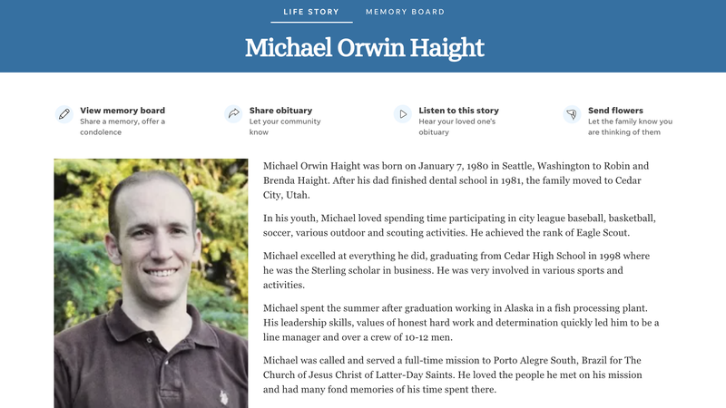 A screenshot of the now-deleted obituary for Michael Haight on The Spectrum.