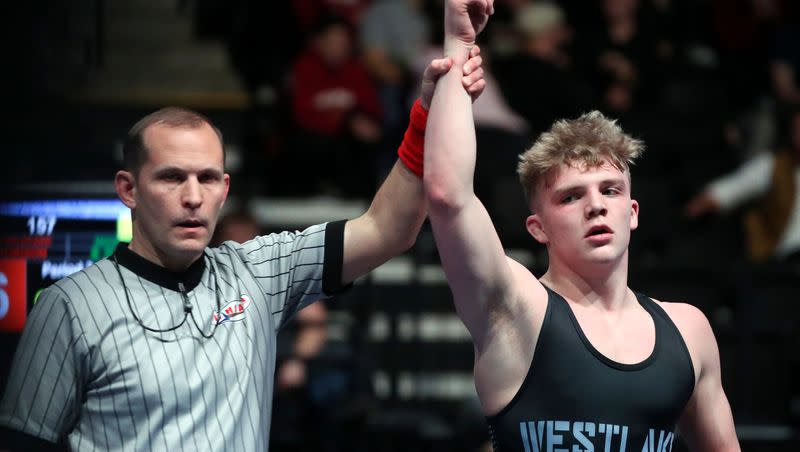 Westlake’s Brayden Robinson is declared the winner of a wrestling match against Stansbury’s Brandon Ploehn during the Ross Brunson Utah All-Star Dual at the UCCU Events Center in Orem, on Tuesday, Jan. 9, 2024.