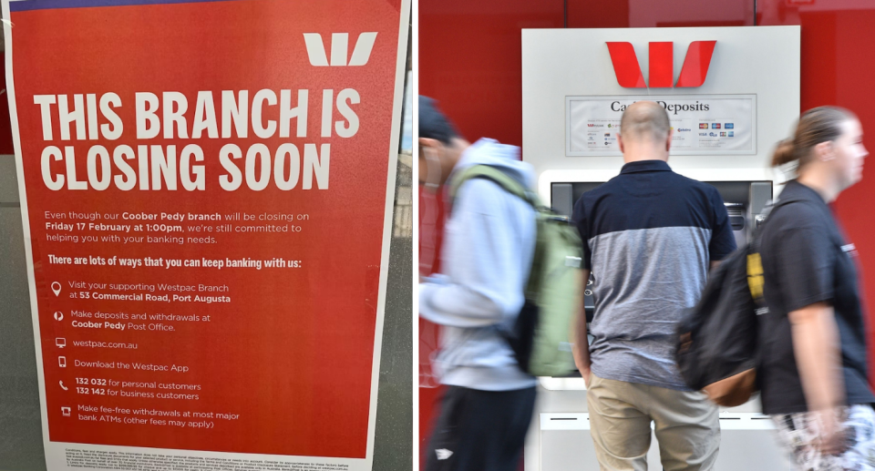 Westpac branch closure sign next to customer taking out money at Westpac ATM