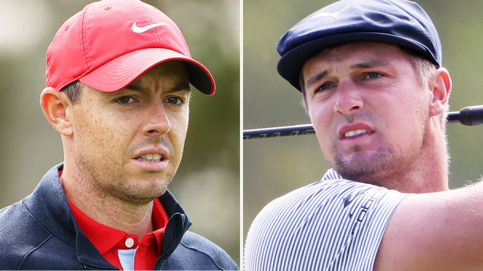 A 50-50 split image shows Rory McIlroy on the left and Bryson DeChambeau on the right.