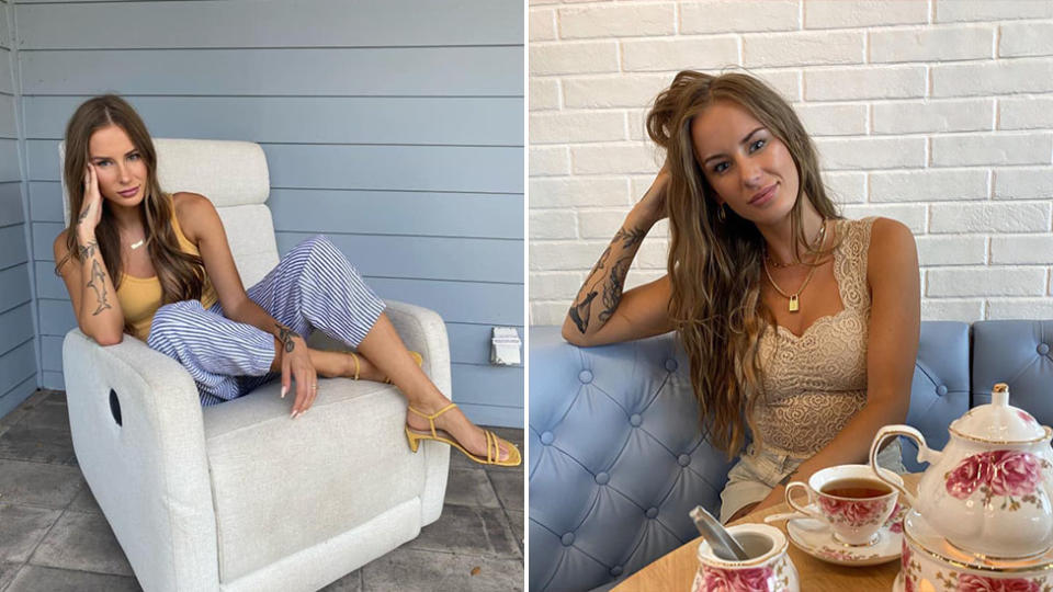 Alexis Sharkey sits on a recliner on the left and with a tea set on the right.