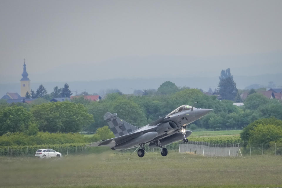 A French made Rafale fighter jet lands at the international airport in Zagreb, Croatia, Thursday, April 25, 2024. Croatia purchased 12 used fighter jets of the same type for about 1 billion euros. (AP Photo/Darko Bandic)