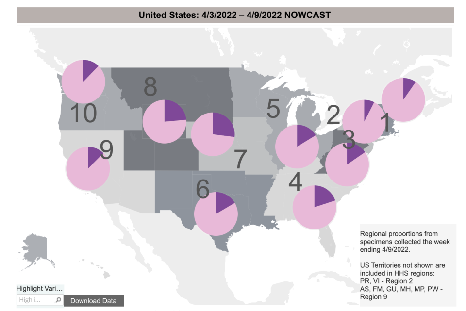 Proportion of new cases that are Omicron (pink) vs. other variants (purple) - Credit: CDC