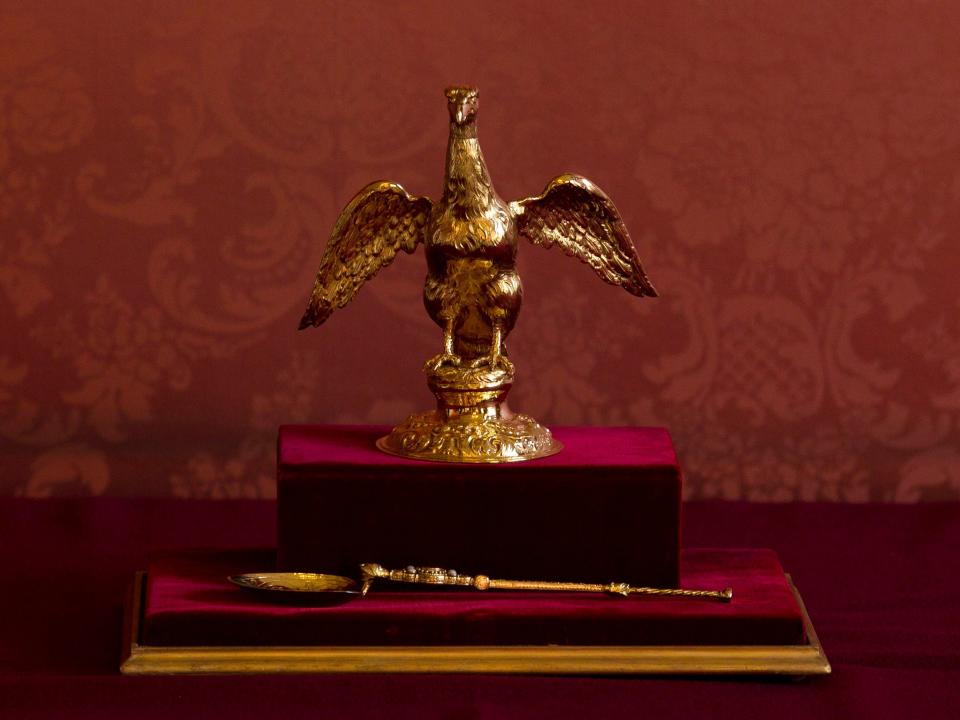 The Ampulla and Coronation Spoon, which was used at Queen Elizabeth II's coronation in 1953, displayed on February 15, 2012 in London, England.