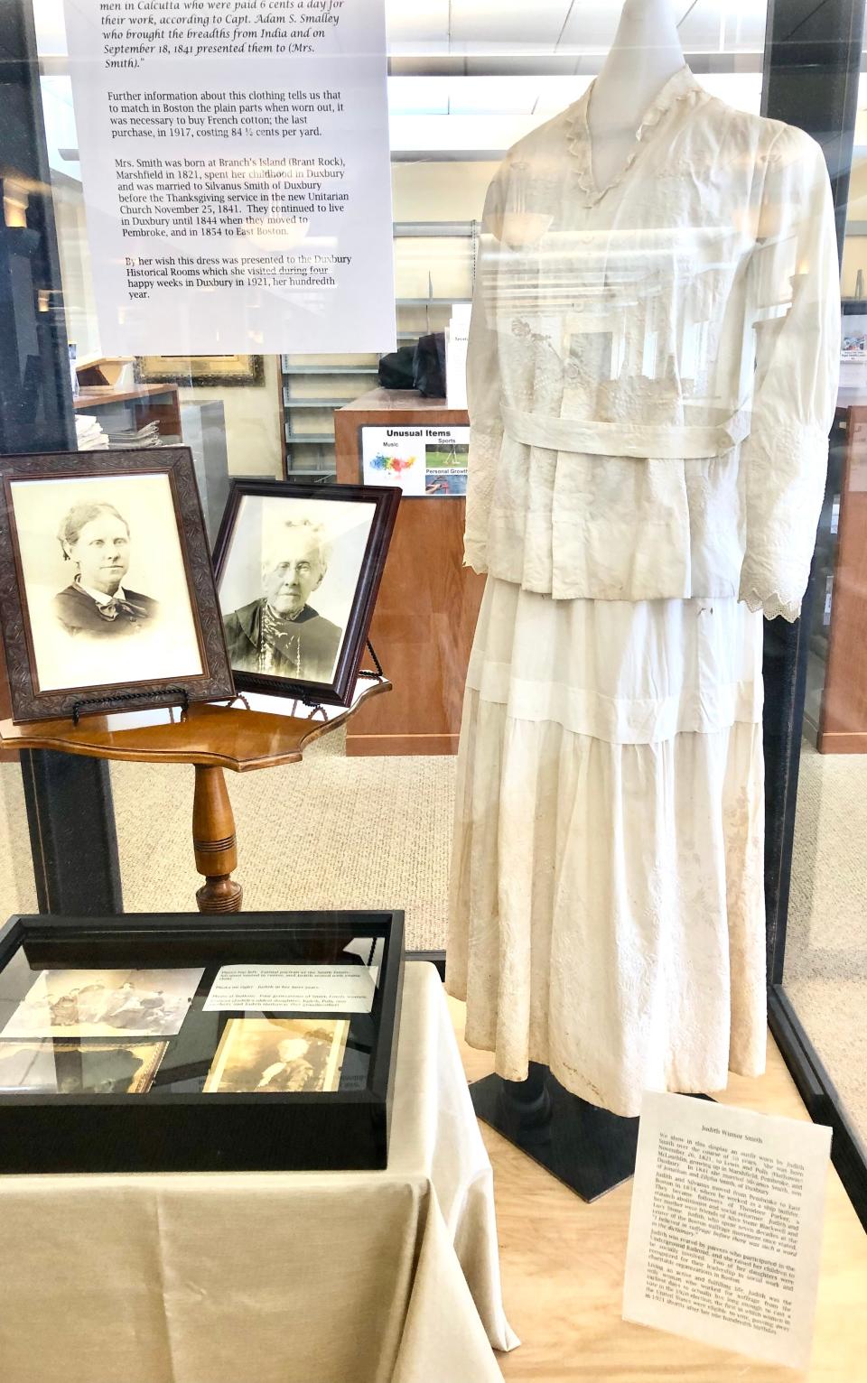 This is the dress worn by Judith Winsor Smith, influential Duxbury suffragette, from the early 1830s until she cast her first vote in the presidential election of 1920. It is on display at the Duxbury Free Library until early June.