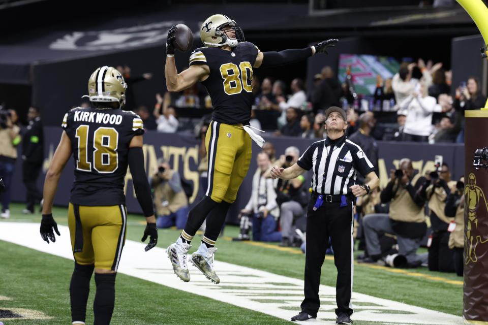 New Orleans Saints tight end Jimmy Graham celebrates after scoring against the Carolina Panthers during the second half of an NFL football game in New Orleans, Sunday, Dec. 10, 2023. (AP Photo/Gerald Herbert)