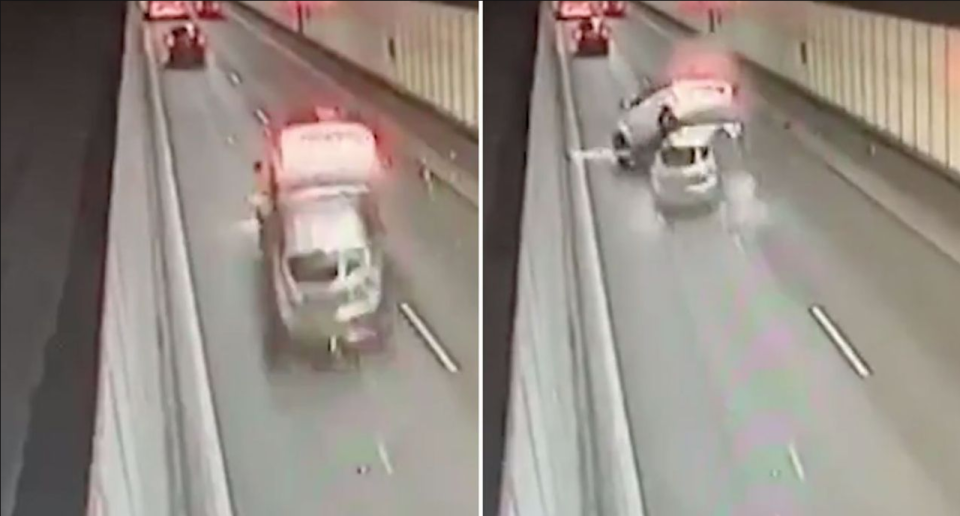 Photos showing a Mazda and Range Rover crashing inside a tunnel on Sydney's M5 on Saturday.