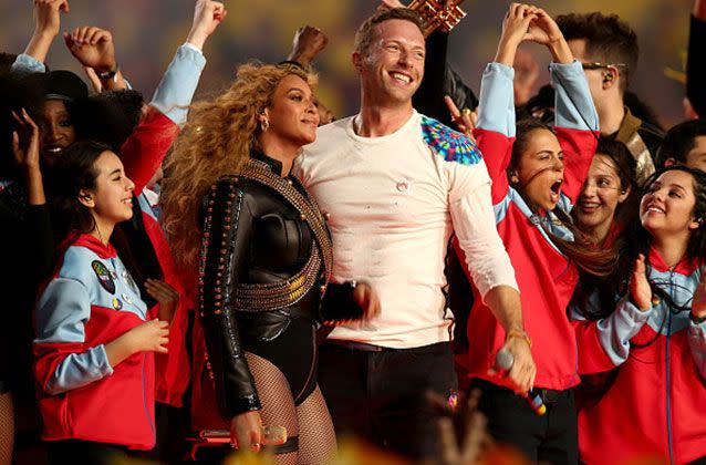 Beyonce and Chris Martin of Coldplay perform onstage during the Pepsi Super Bowl 50 Halftime. Photo: Matt Cowan/Getty Images