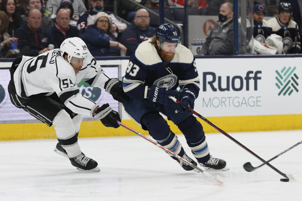 Columbus Blue Jackets' Jakub Voracek, right, tries to skate past Los Angeles Kings' Quinton Byfield during the second period of an NHL hockey game Friday, March 4, 2022, in Columbus, Ohio. (AP Photo/Jay LaPrete)