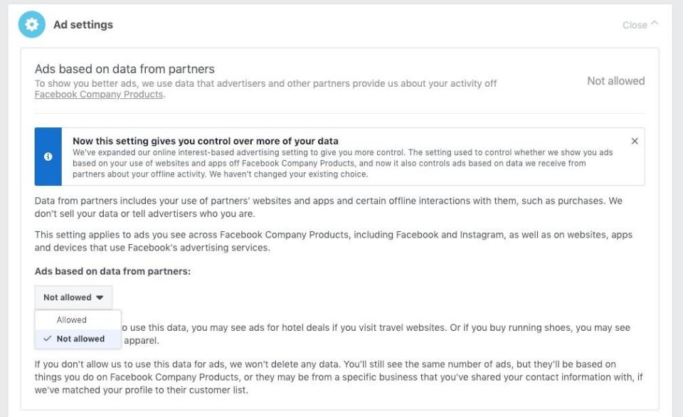 Turning off Facebook's ad settings will stop showing you ads from the company's partners.