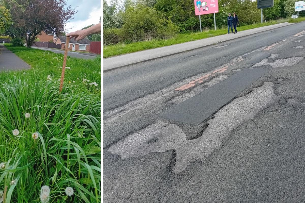 Grass verges in Flaxman Croft Copmanthorpe, left, and potholes in Tadcaster Road <i>(Image: Geoff Ellin)</i>