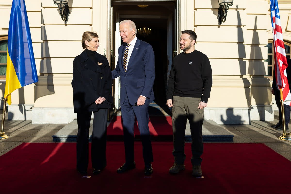 In this handout photo issued by the Ukrainian Presidential Press Office, U.S. President Joe Biden meets with Ukrainian President Volodymyr Zelensky and the First Lady of Ukraine Olena Zelenska (Ukrainian Presidential Press Off)