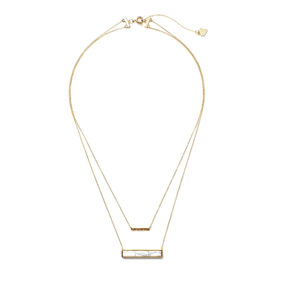 <p>We love the choker as much as the next girl, but you have to admit that two necklaces are better than one. Especially when they have this cool marble detail, amiright?</p> <p>Wanderlust and Co. Multistring Marble Necklace. <a rel="nofollow noopener" href="https://www.rocksbox.com/featured/wanderlust-co/necklace/Marble-Bar-Layered-Necklacet/6044?mbid=synd_yahoostyle" target="_blank" data-ylk="slk:rockbox.com;elm:context_link;itc:0;sec:content-canvas" class="link ">rockbox.com</a>.</p>