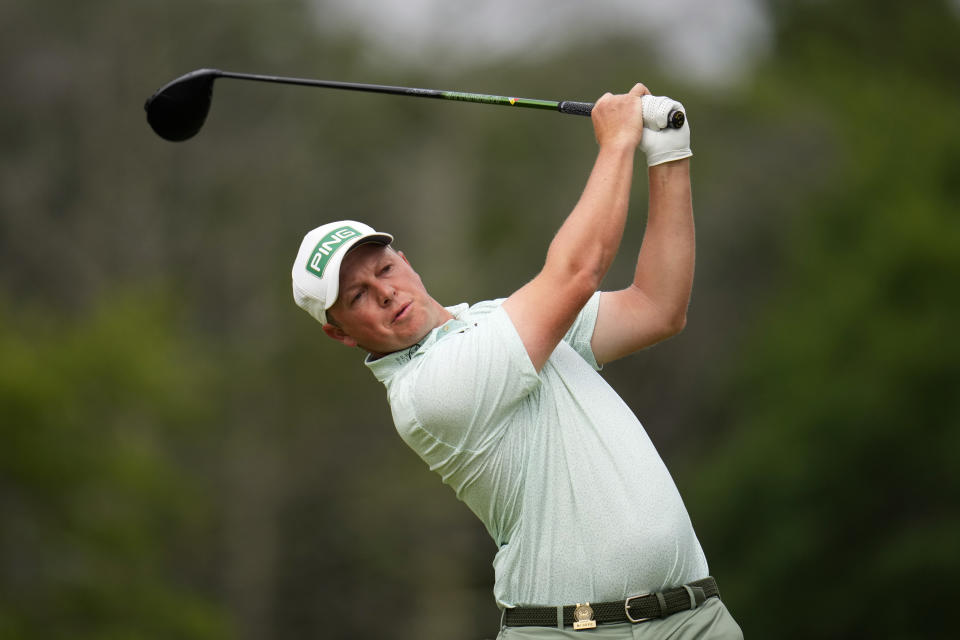 MJ Daffue, of South Africa, hits on the eighth hole during the second round of the U.S. Open golf tournament at The Country Club, Friday, June 17, 2022, in Brookline, Mass. (AP Photo/Julio Cortez)