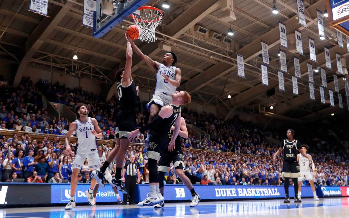 Duke’s Jeremy Roach (3) scores in the second half during Duke’s 75-73 victory over Wake Forest at Cameron Indoor Stadium in Durham, N.C., Tuesday, Jan. 31, 2023.