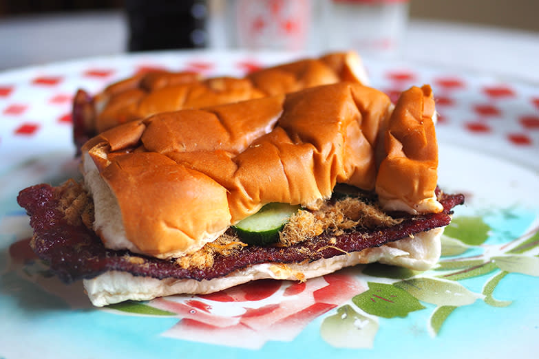 Get a dose of nostalgia with this 'bak kwa' bun which also has pork floss, sliced cucumbers and chilli sauce. — Pictures by Lee Khang Yi