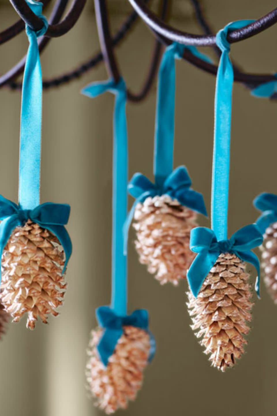 <p>Hang these lighter, brighter fall standbys from your chandelier with colorful velvet ribbon.</p><p><strong>Step 1: </strong>Mix two parts bleach with one part water in a bucket. Submerge pinecones in sol-ution for 24 hours. (Tip: Place a plate or another heavy object on top to keep them under water.) Rinse them in water and set outside to dry until they open up again. (This could take up to a week, depending on the weather.) </p><p><strong><strong>Step 2: </strong> </strong>Cut 1 yard of velvet ribbon into a ¾-yard piece and a ¼-yard piece.</p><p><strong>Step 3: </strong>Adhere end of longer ribbon to the pinecone base with hot glue. Tie the shorter ribbon into a bow; adhere to the base of the pinecone, as shown.</p><p><strong>Step 4: </strong> Tie pinecones to chandelier arms. Trim excess ribbon. </p>