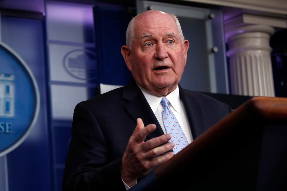 Agriculture Secretary Sonny Perdue speaks about the coronavirus in the James Brady Press Briefing Room of the White House, Friday, April 17, 2020, in Washington.