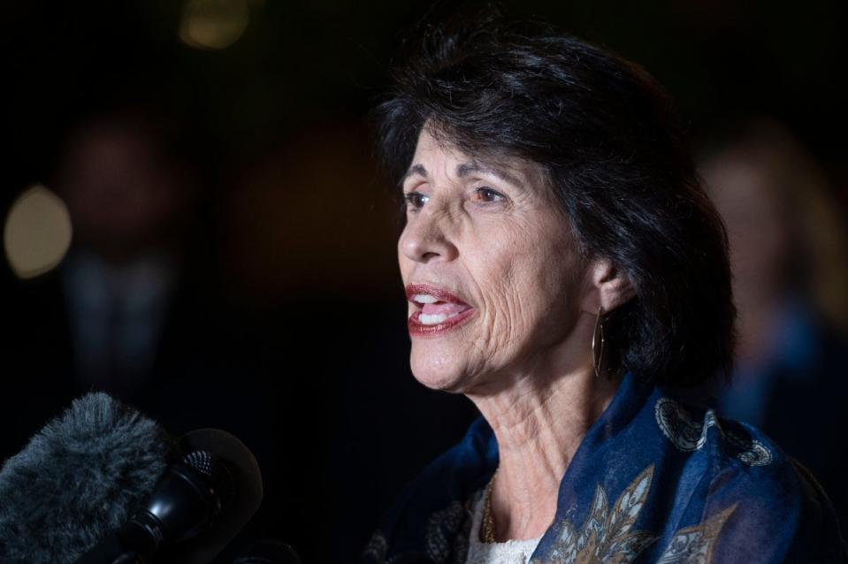 Diane Foley, mother of killed journalist James Foley, speaks to the media following a hearing at the US Courthouse in Alexandria, Virginia (Cliff Owen) (AP)