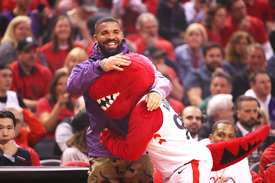 Rapper Drake attends game three of the NBA Eastern Conference Finals between the Milwaukee Bucks and the Toronto Raptors at Scotiabank Arena on May 19, 2019 in Toronto, Canada. (Photo by Gregory Shamus/Getty Images)