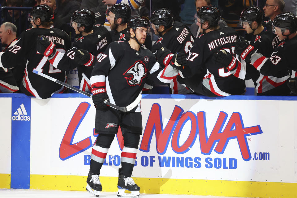 Buffalo Sabres center Tyson Jost (17) celebrates his goal during the second period of an NHL hockey game against the Colorado Avalanche, Sunday, Oct. 29, 2023, in Buffalo, N.Y. (AP Photo/Jeffrey T. Barnes)