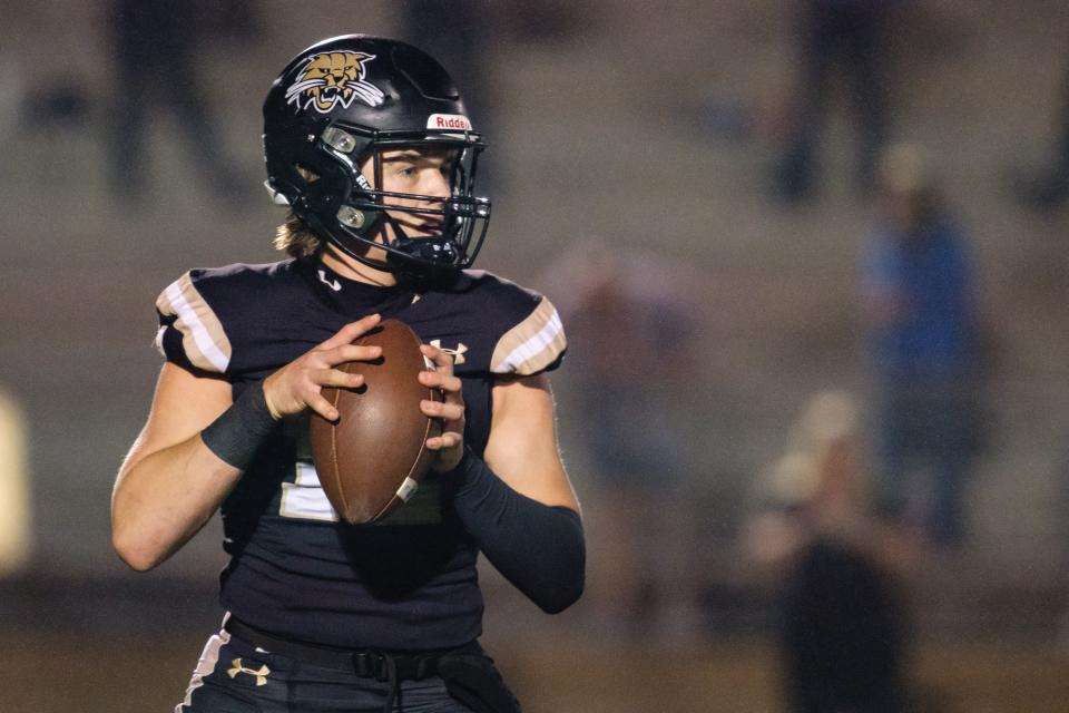 Buchholz Bobcats Trace Johnson (12) looks to throw during the first half between Buchholz High School and Ponte Vedra High School at Citizens Field in Gainesville, FL on Friday, November 17, 2023. [Chris Watkins/Gainesville Sun]