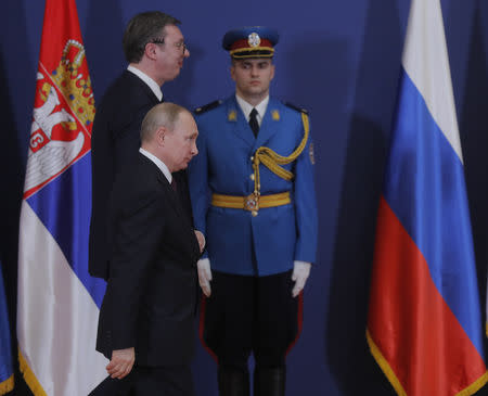 Russian President Vladimir Putin and Serbian President Alexandar Vucic attend a news conference in Belgrade, Serbia January 17, 2019. Maxim Shipenkov/Pool via REUTERS